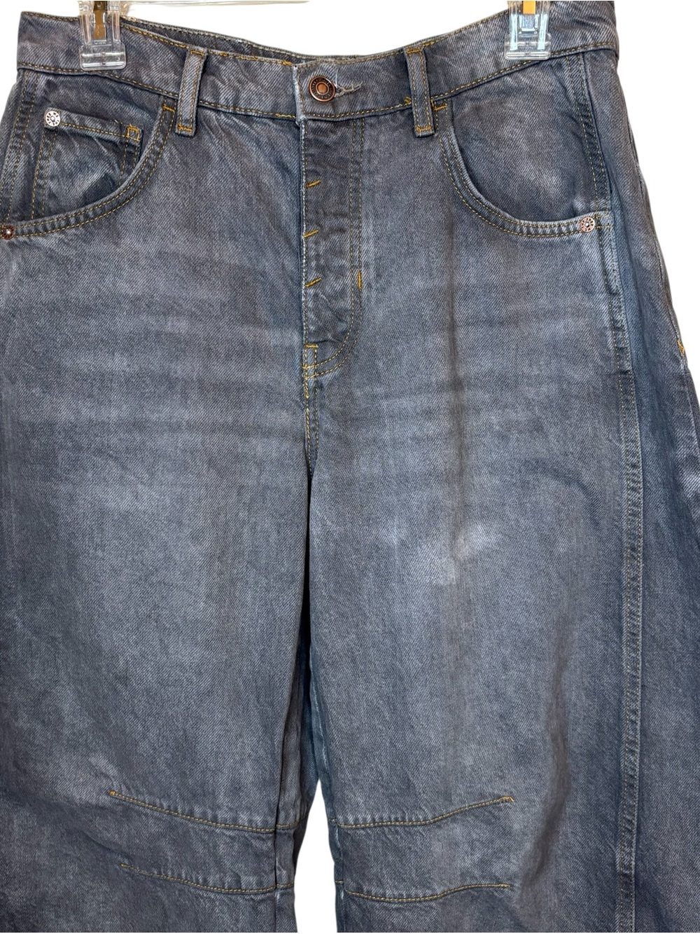We The Free Good Luck Mid-Rise Barrel Jeans 27 Splatter Gray Baggy Wide Grunge - Picture 4 of 16